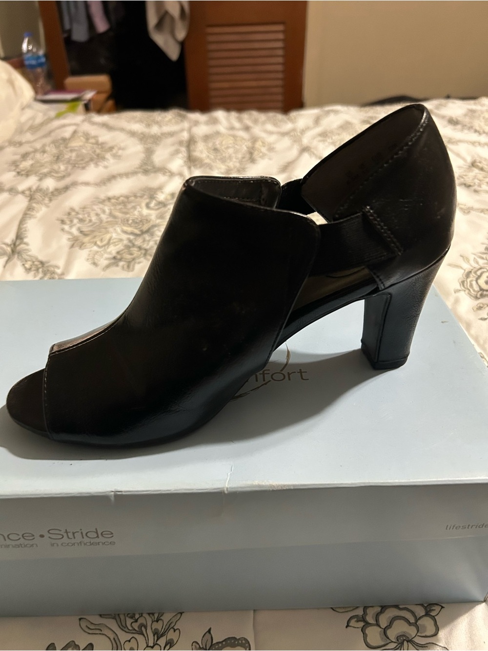 Life Stride Black Open-Toe Block Heel Shootie